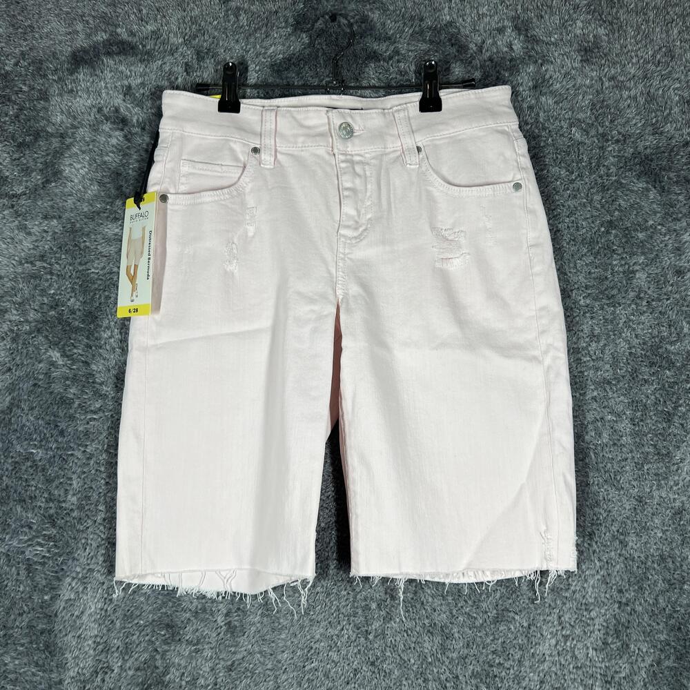 Buffalo David Bitton Shorts Womens 6/28 Pink Bermuda Distressed Mid-Rise Pockets